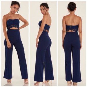 Navy Jumpsuit w/ 2 piece Look Lace Bandeau Top w/ Solid Navy Pants High Waisted